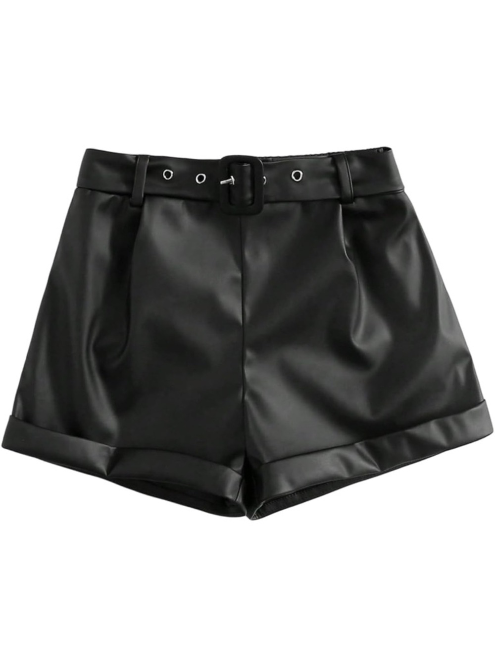 High-Waist Black Faux Leather Belted Shorts- XS